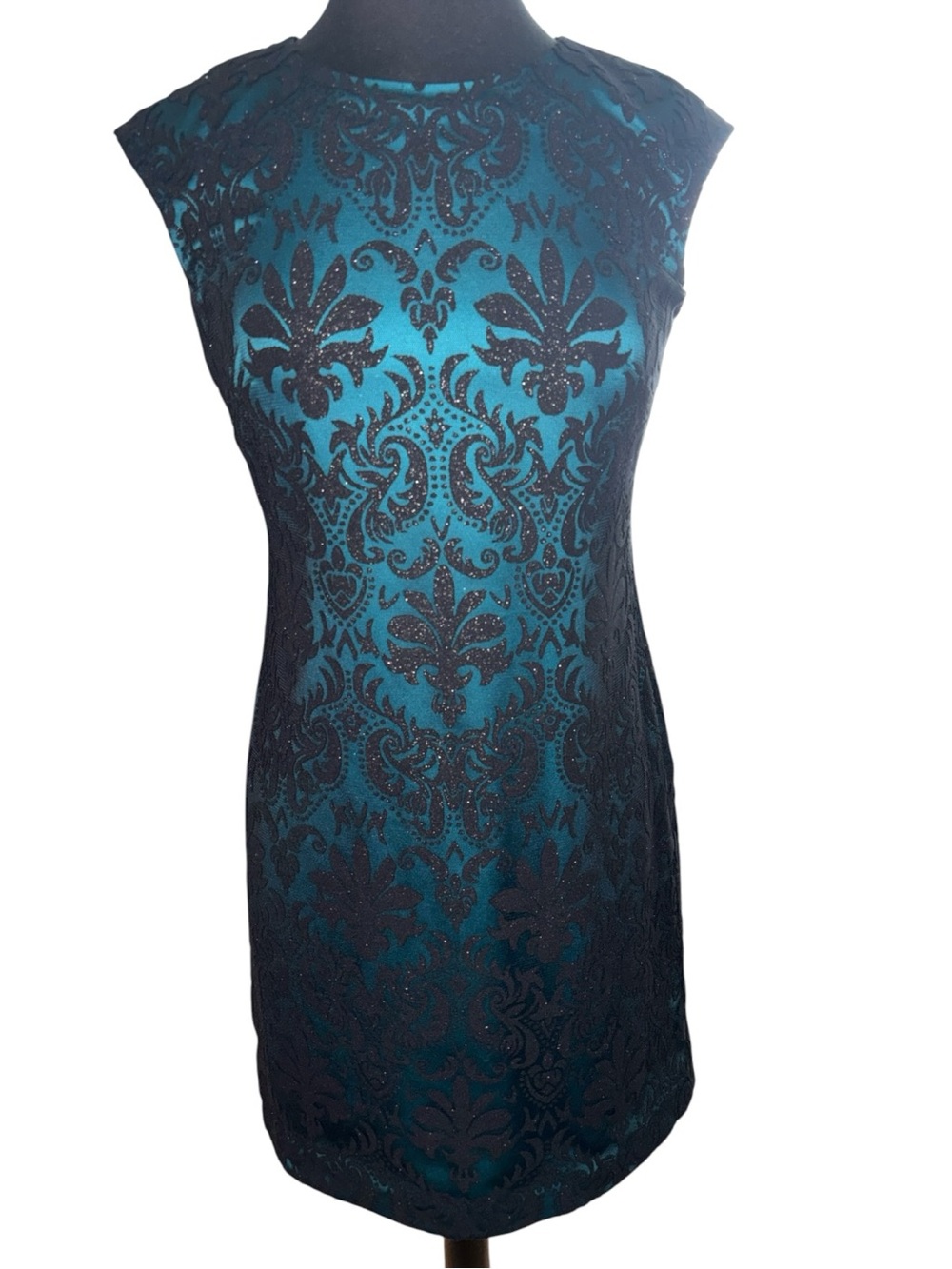 Vince Camuto Teal and Black Lace Sheath Mini Dress, P:16.5”, L:35”